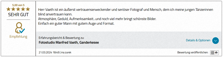 Ausführliche ProvenExpert-Bewertung von Ina Zurek für Fotostudio Manfred Vaeth
